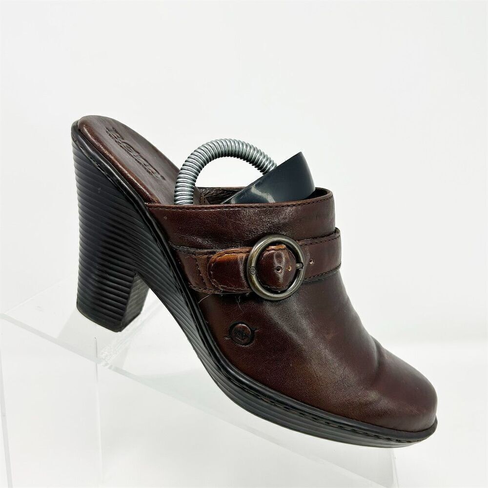 Born Women's Brown Leather Slip On Clogs Size 7 Buckle Detail Block Heel